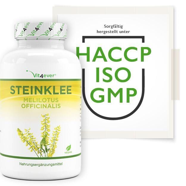 Vit4ever Steinklee Kapseln, Flasche mit Text: HACCP, ISO, GMP. Aufkleber: Sorgfältig hergestellt unter.