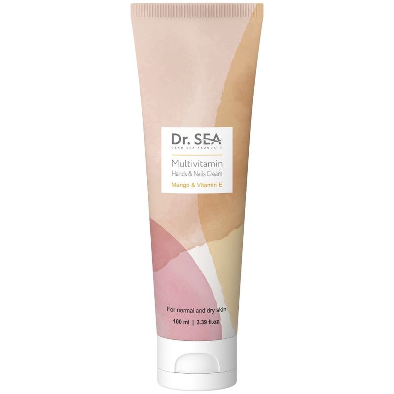 Creme-Tube. Aufschrift: Dr. SEA, Multivitamin, Hands & Nails Cream, Mango & Vitamin E. Für normale und trockene Haut.