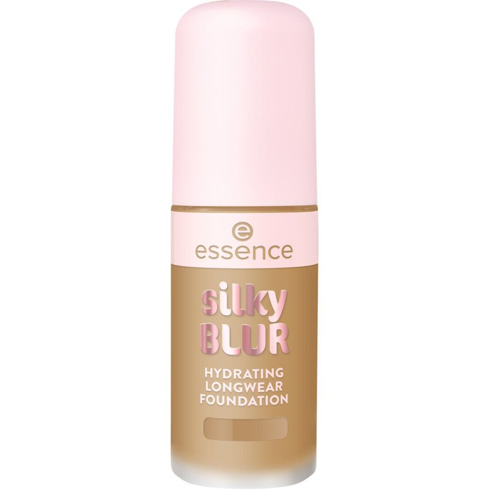 Foundation-Flakon mit rosa Deckel. Aufschrift: Silky Blur, Hydrating Longwear Foundation. Marke: essence.