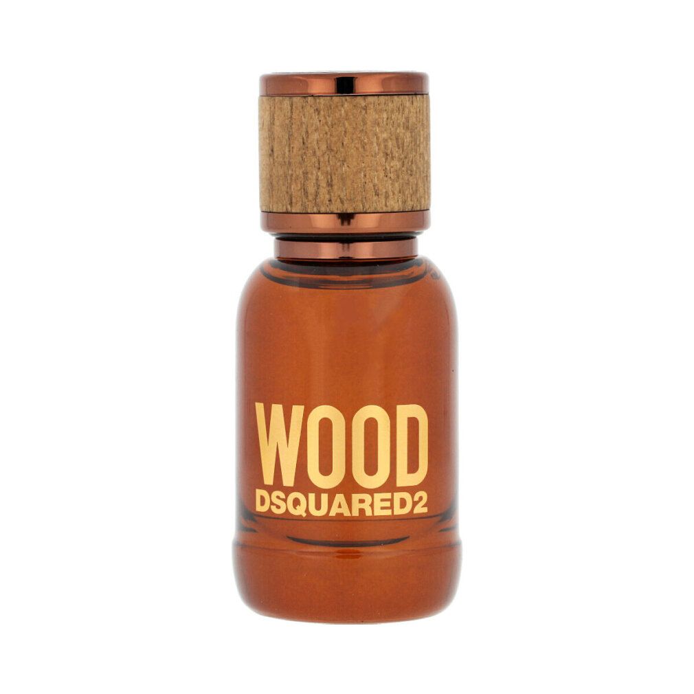 Braune Glasflasche mit Holzverschluss. Goldener Schriftzug: WOOD DSQUARED2. Flakon für Eau de Toilette.