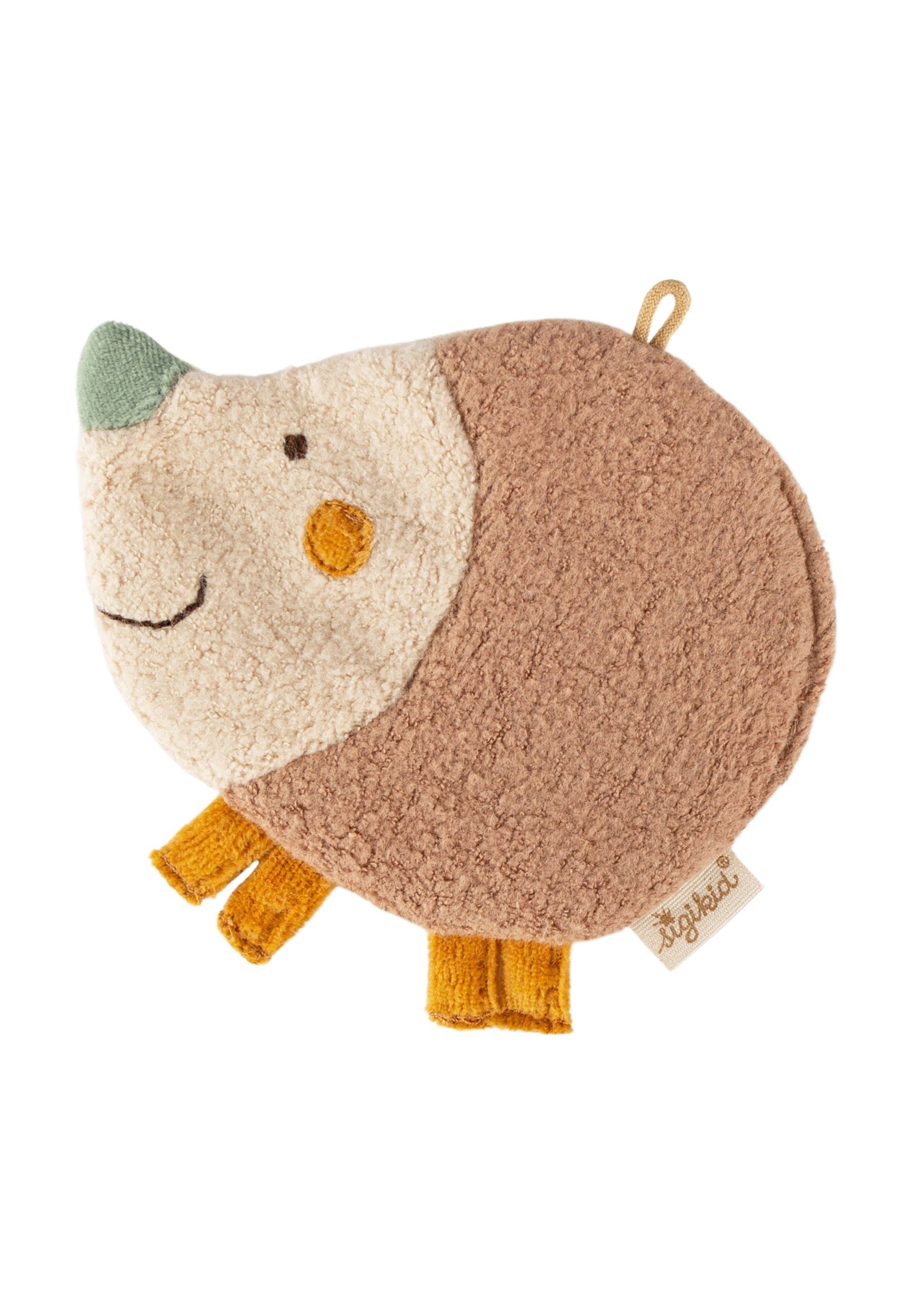 Igel-Knistertuch, beige, braun, grün und gelb. Gesicht mit Augen und Mund. Gelbe Beine. Label.