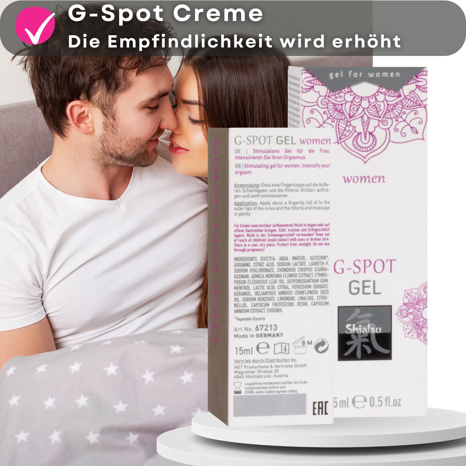 G-Spot Gel, Tube und Verpackung. Verpackung und Tube mit Text. 15ml. Marke: Shiatsu. Paar im Hintergrund.
