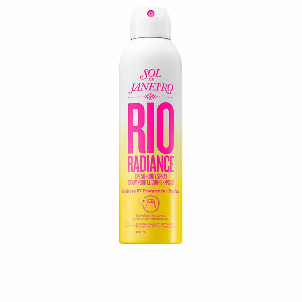 Weiß-gelbe Sprühflasche mit pinkfarbenem "RIO RADIANCE"-Schriftzug. SPF 50-Body Spray. Marke: Sol de Janeiro.