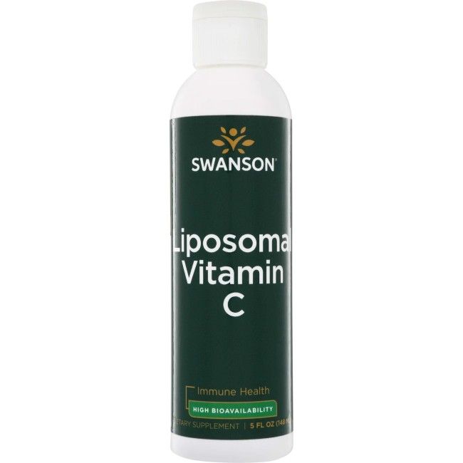 Flasche Swanson Liposomales Vitamin C mit Etikett, das „Immune Health“ und „High Bioavailability“ angibt.