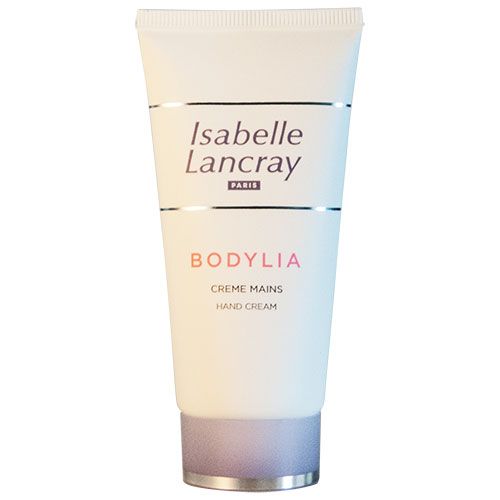 Creme-Tube mit Produktnamen und Markennamen. Weißer Tube mit lila Akzenten. Text: BODYLIA, Crème Mains, Hand Cream.