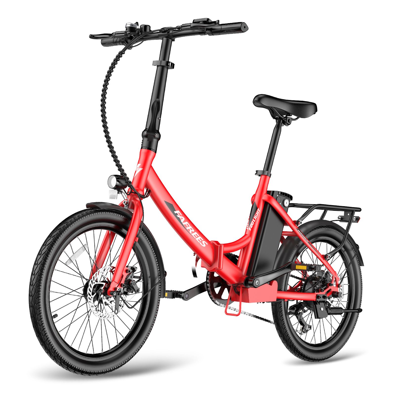 Rotes Fafrees F20Light E-Bike. Schwarze Komponenten, Gepäckträger, Kotflügel. Frontalansicht.