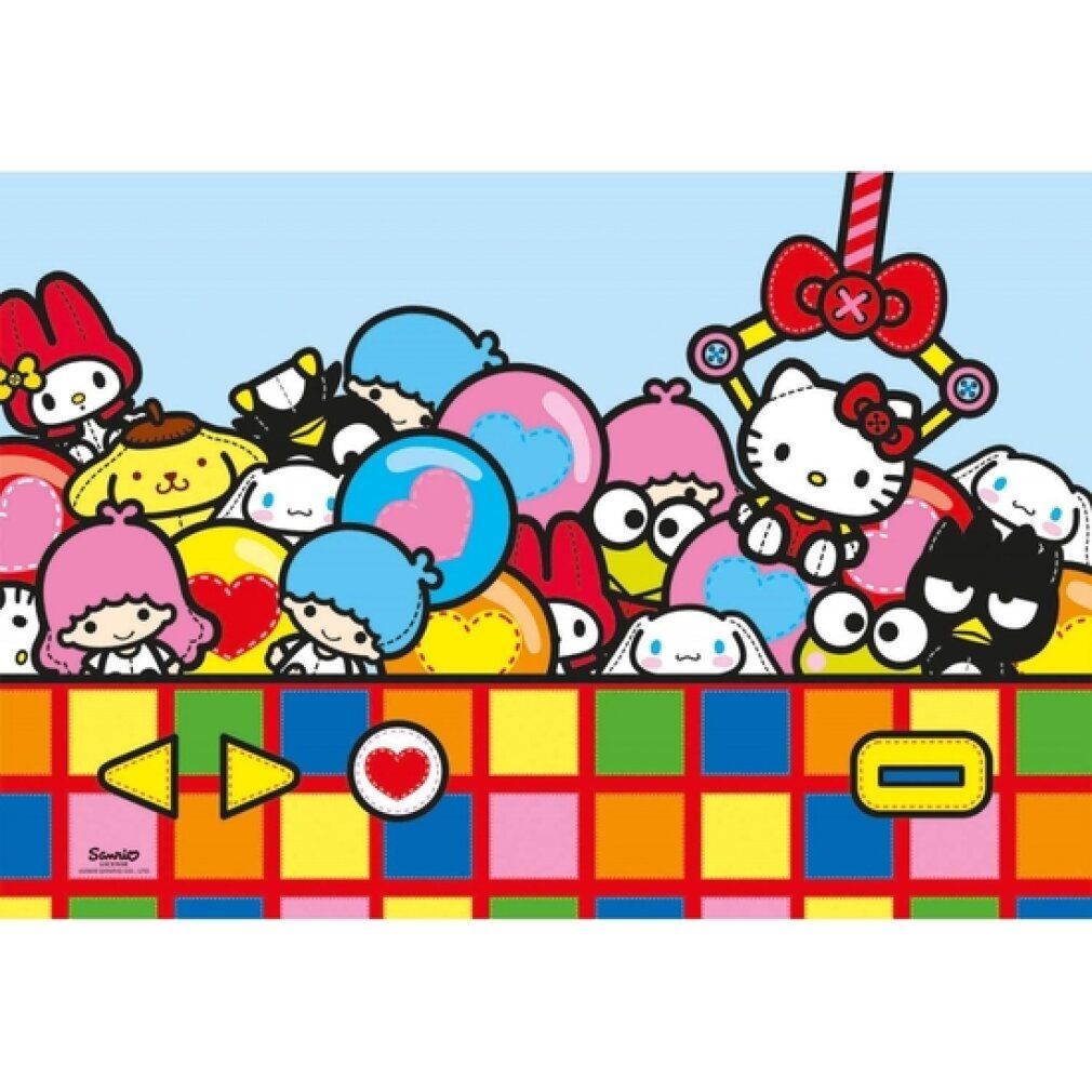 Puzzle-Motiv mit Hello Kitty und Sanrio-Figuren. Bunte Szene mit Figuren und einem Greifarm. Hintergrund blau. Puzzle-Teile in verschiedenen Farben.