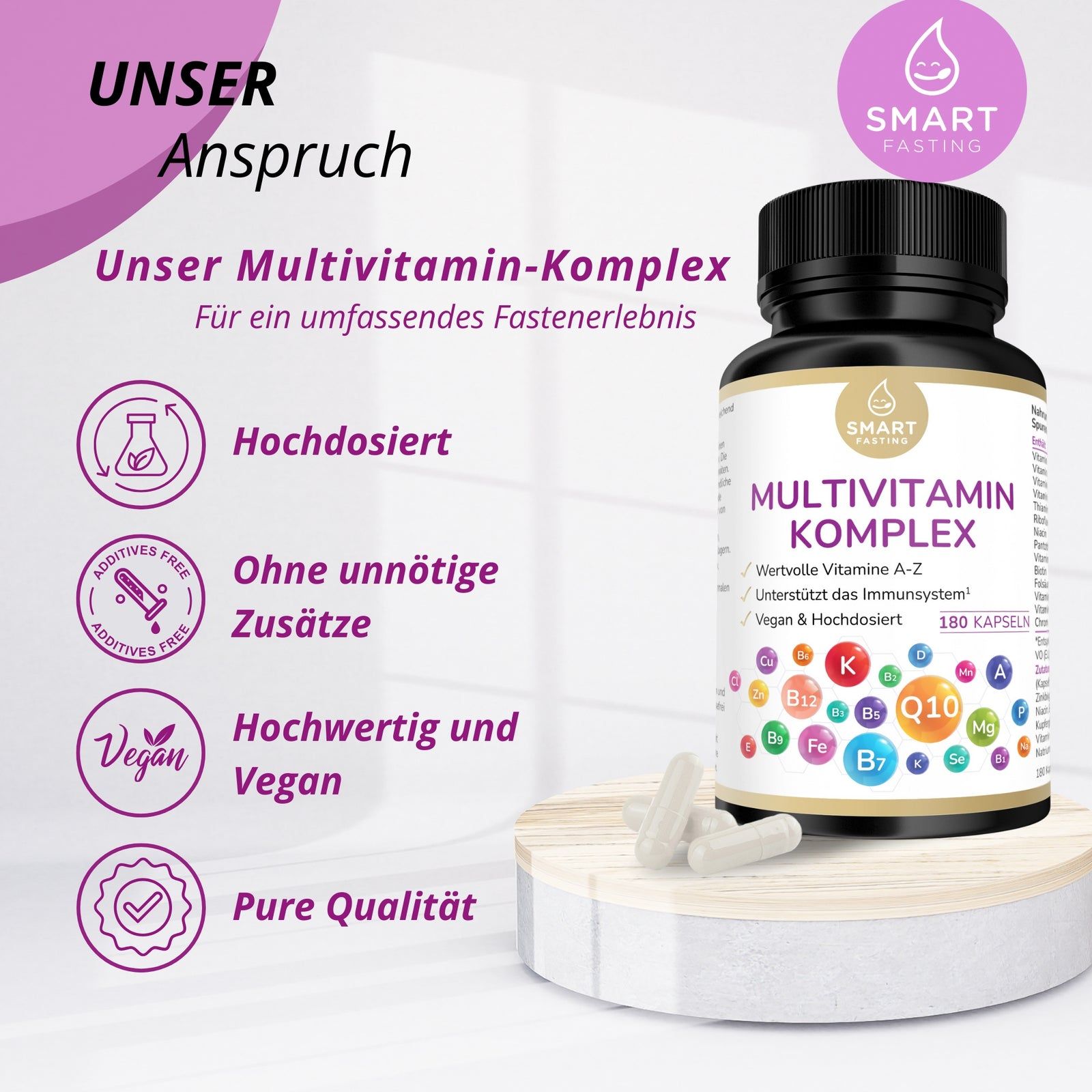 Braune Flasche mit weißen Kapseln. Aufschrift: Multivitamin Komplex, Vitamin A-Z, vegan, hochdosiert. 180 Kapseln. Zusatztexte.