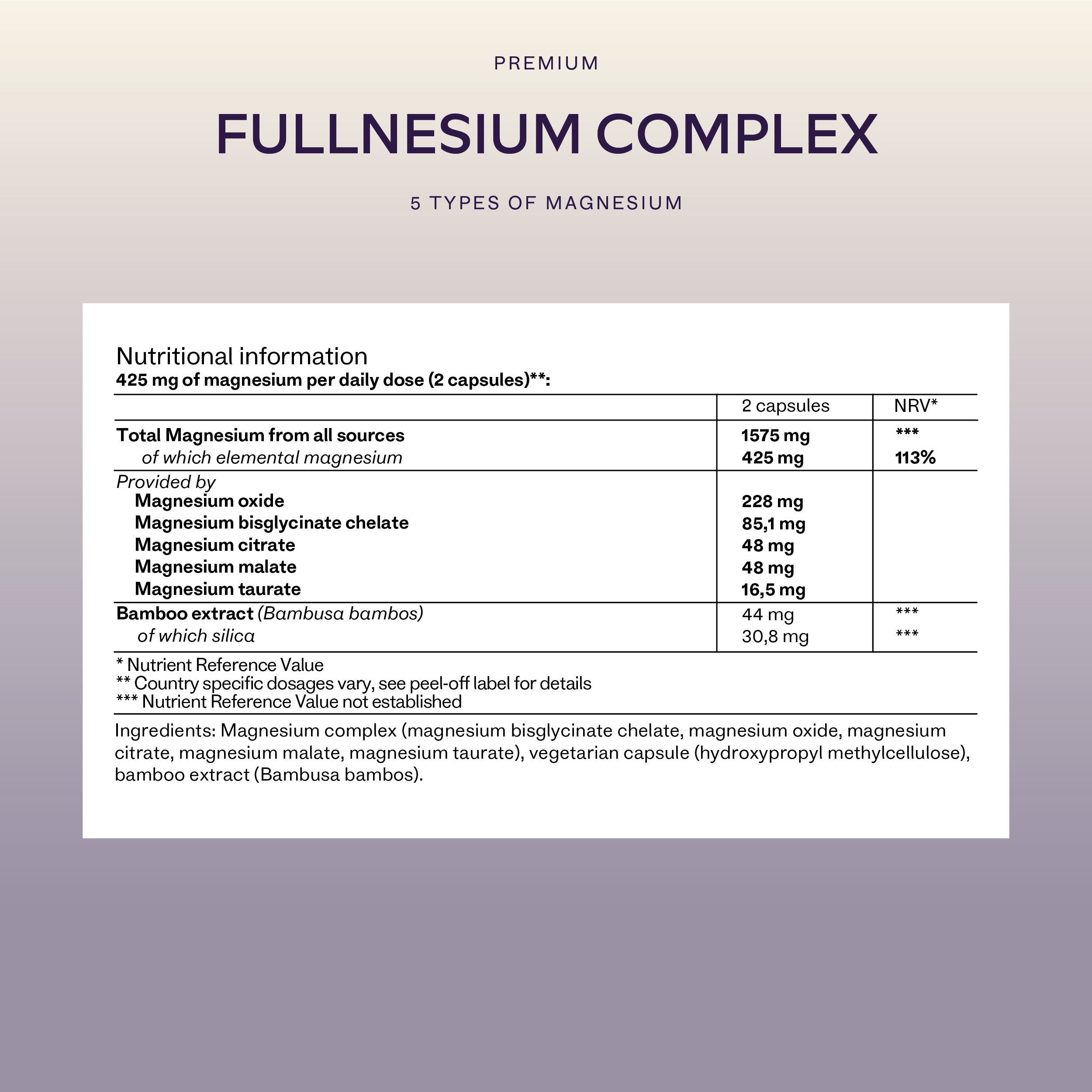 Nährwertangaben für Aavalabs Magnesium Komplex. 5 Magnesiumarten.