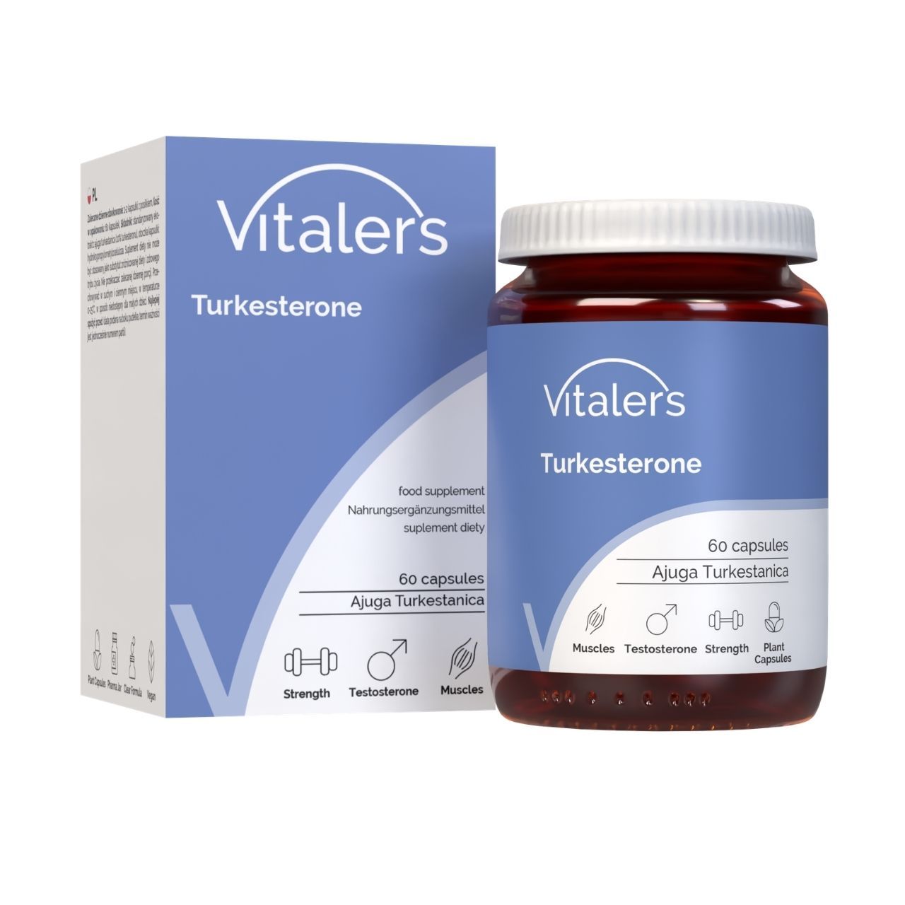 Vitaler's Turkesterone Dose neben der Produktverpackung, 60 Kapseln.