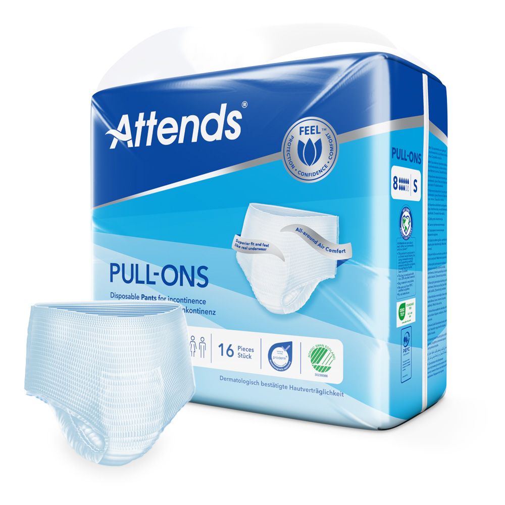 Attends Pull-Ons 8 L. Packung mit Inkontinenzhosen und einzelne Hose. Blaue Verpackung mit Produktname und Logo. 16 Stück.