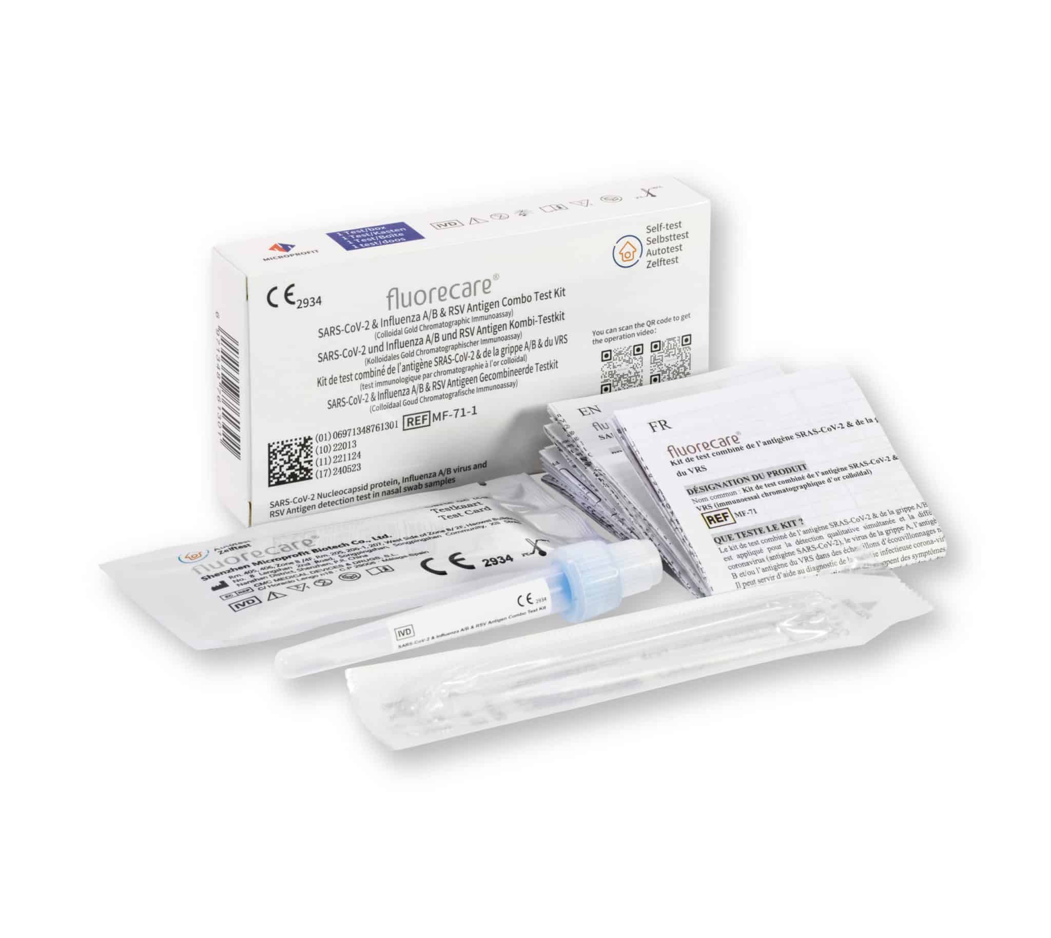 Kombi-Schnelltest-Kit mit Testkassetten, Abstrichtupfern und Behältern. CE-Kennzeichnung.