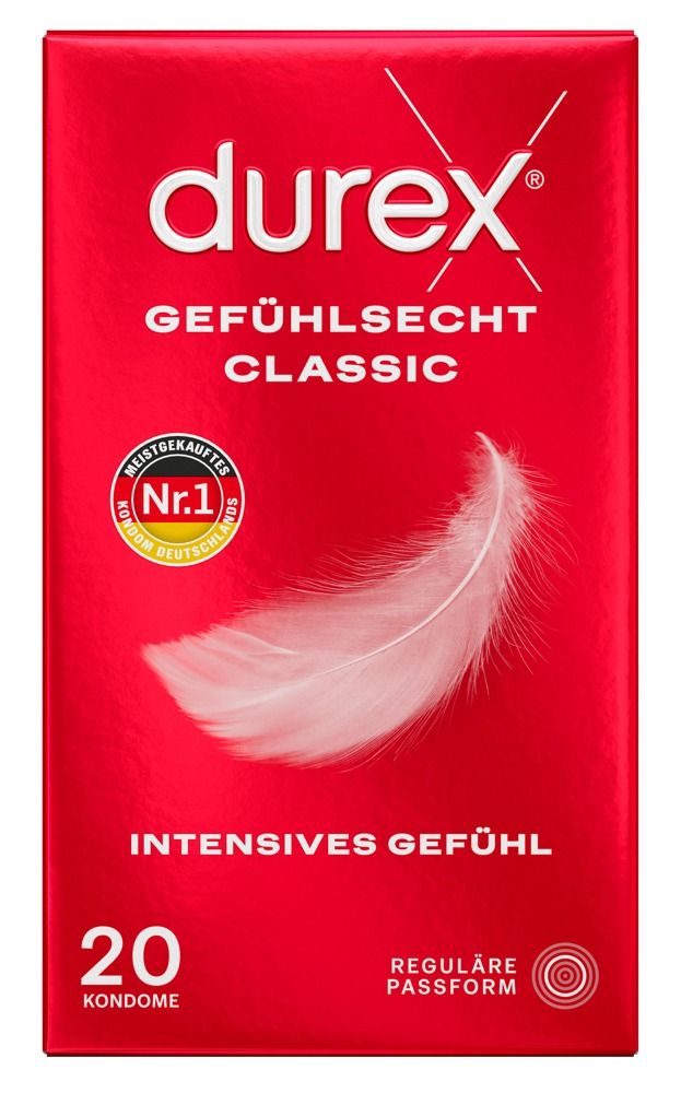 Vorderseite der Durex Gefühlsecht Classic Kondom-Packung mit 20 Stück.