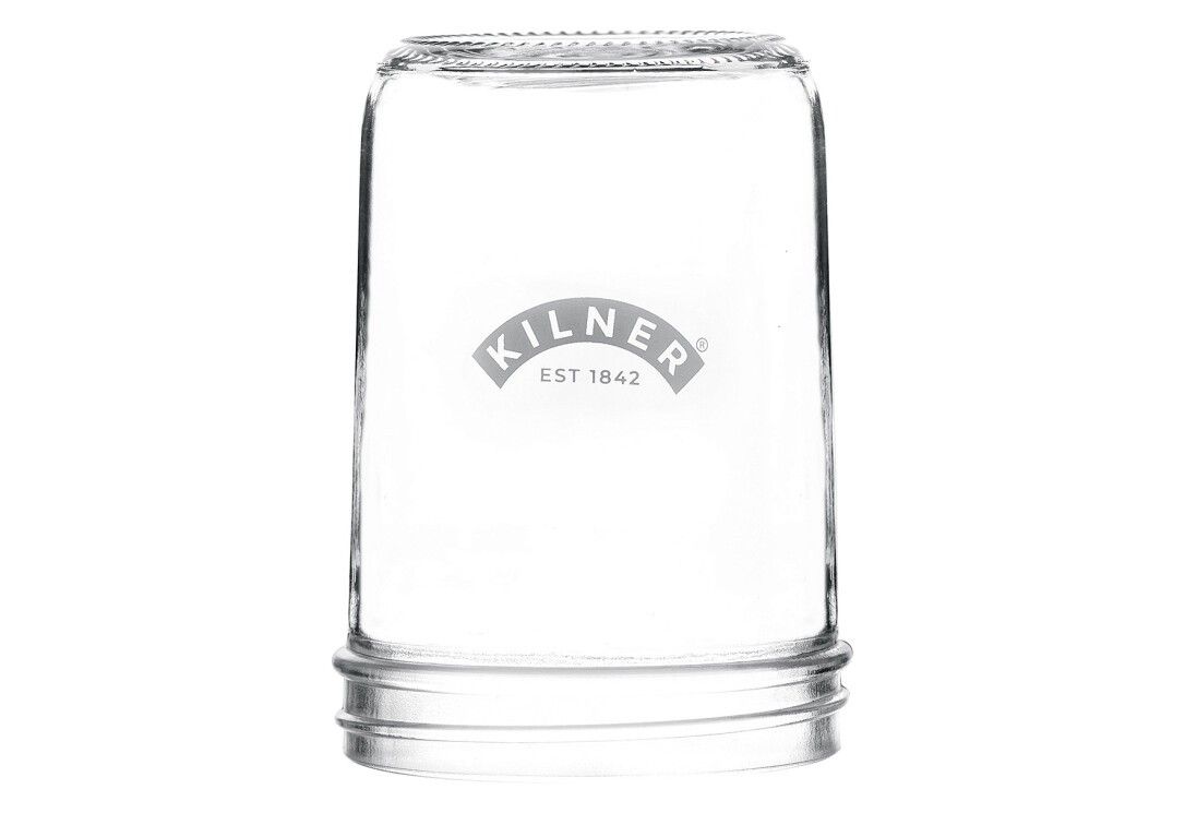 Klarglas-Sprossenglas mit Schraubverschluss. Logo: KILNER EST 1842. Glas mit geriffelter Öffnung.