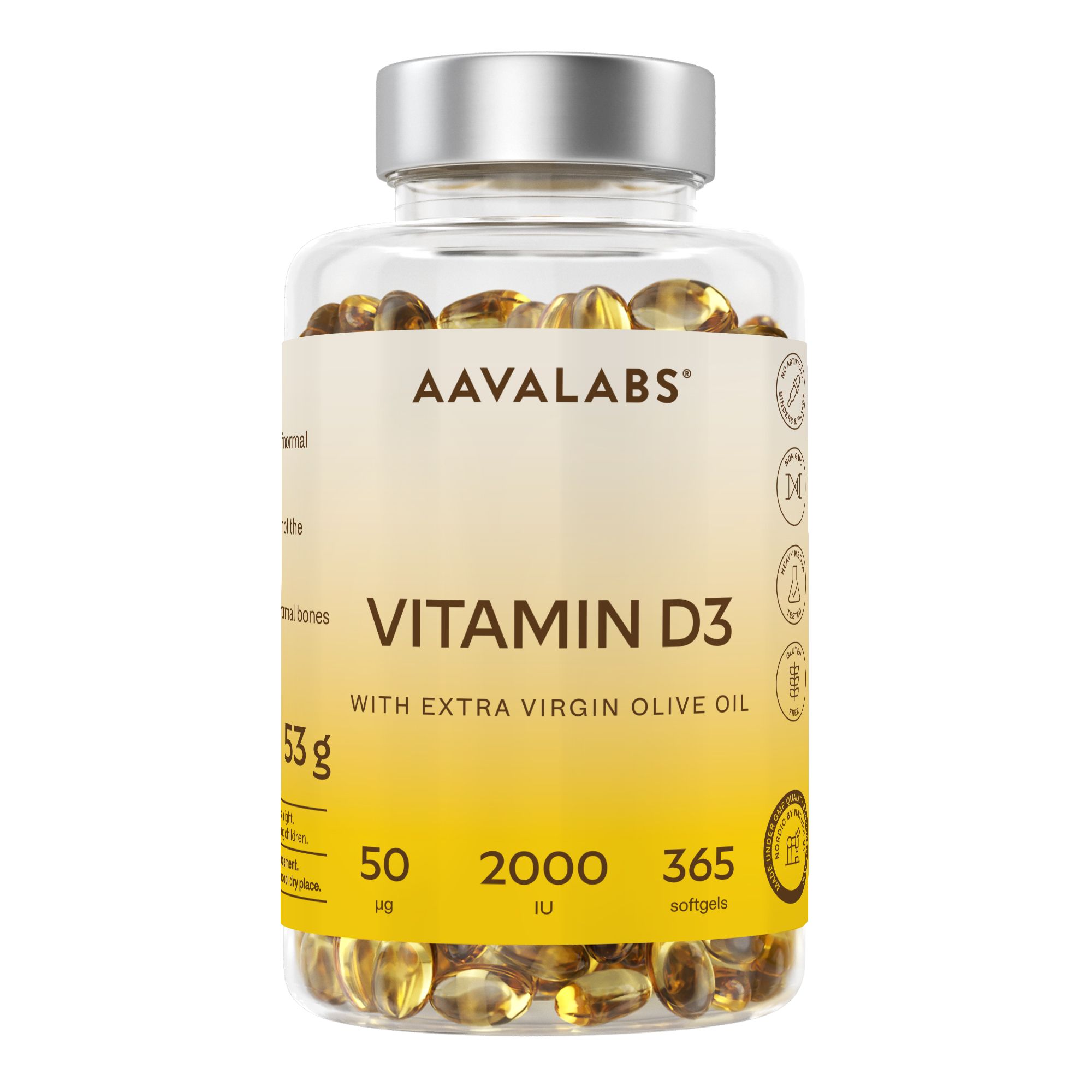 Klare Flasche mit Vitamin D3-Kapseln. Aufschrift: AAVALABS, Vitamin D3, 2000 IE, 365 Softgels.