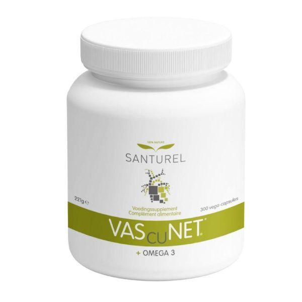 Weiße Flasche mit SANTUREL VascuNET + Omega 3. 300 vegane Kapseln. Grüner Schriftzug auf grünem Band.
