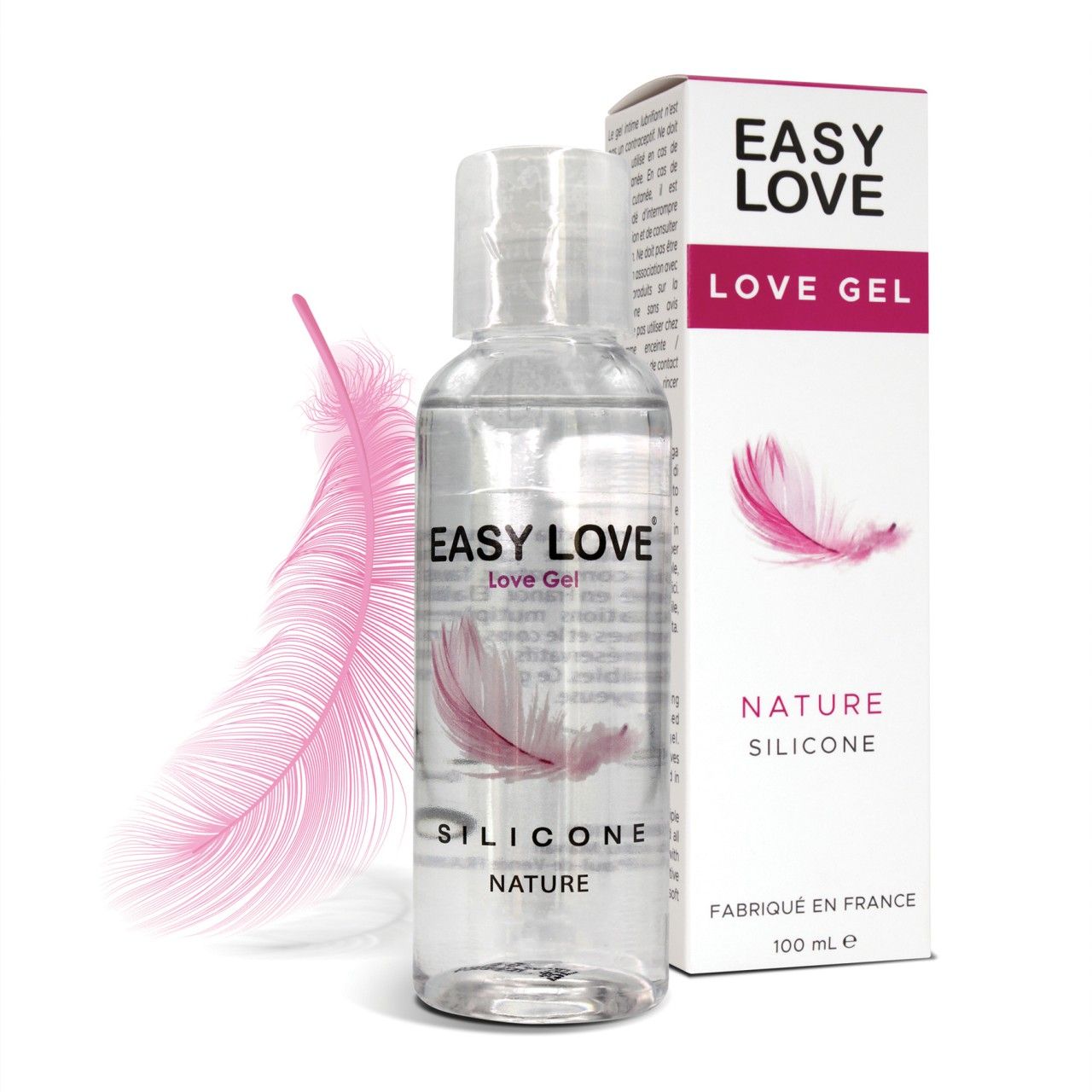 Klare Flasche mit "EASY LOVE Love Gel"-Aufdruck. Daneben eine Verpackung mit Logo und Text. Rosa Feder.