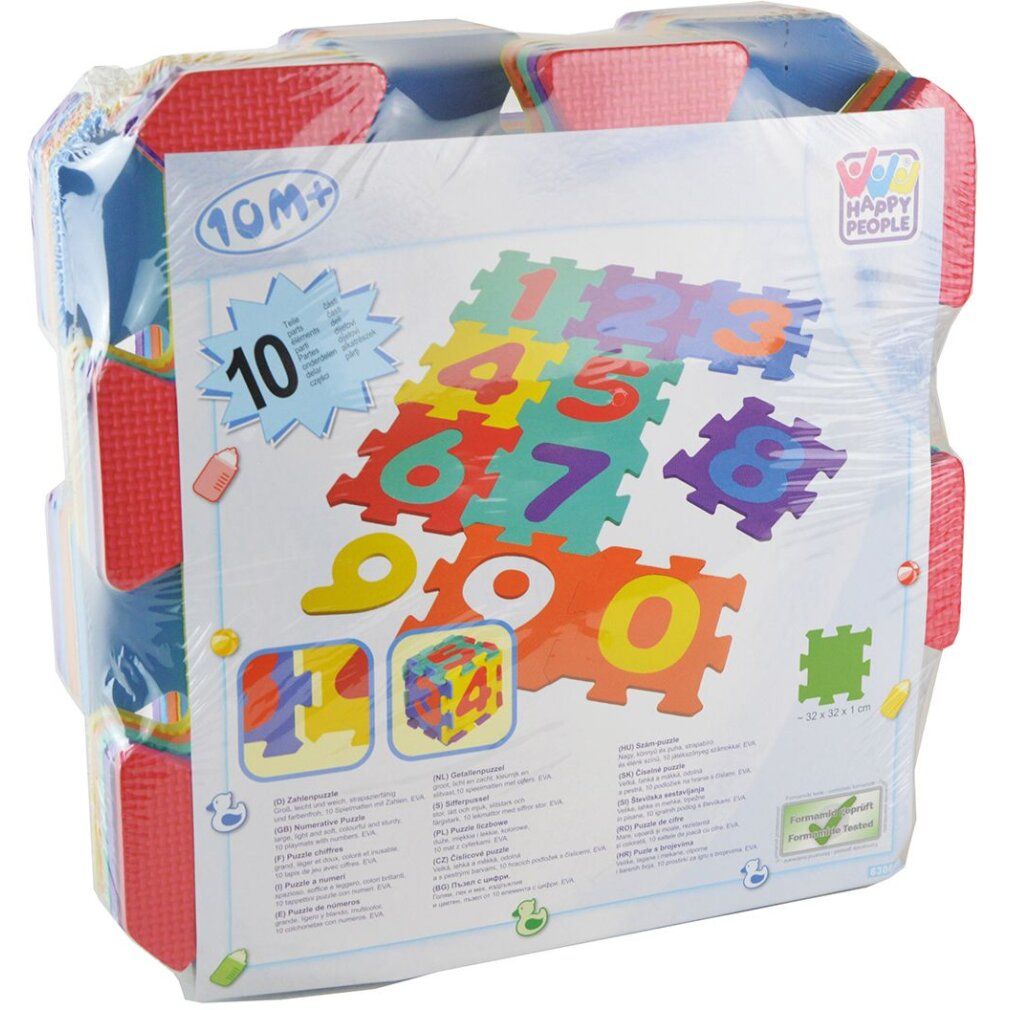 Verpackte Puzzlematten mit Zahlen. Die Verpackung zeigt das Produkt und das Logo Happy People. Die Matten sind farbig und haben Zahlen von 0 bis 9.