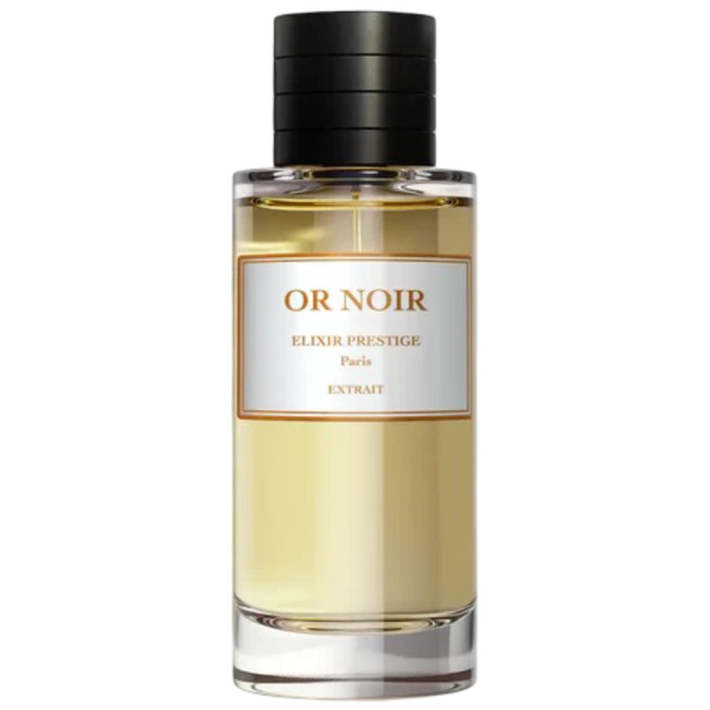Parfümflakon mit schwarzem Verschluss. Weißes Etikett mit goldener Schrift: OR NOIR, ELIXIR PRESTIGE, Paris, EXTRAIT.