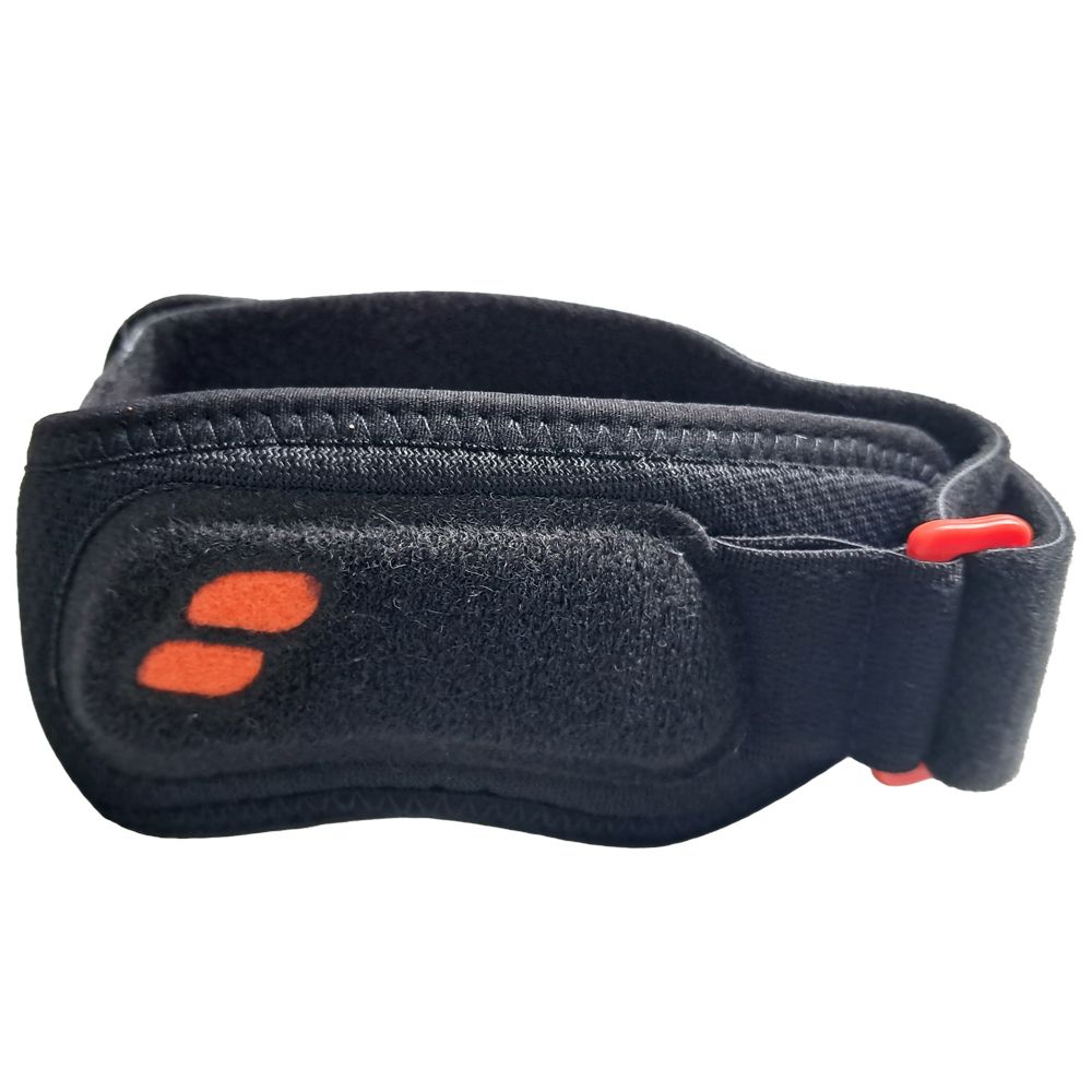 Schwarze Bandage mit orangefarbenen Akzenten. Klettverschluss und gepolsterte Bereiche. Zwei ovale, orangefarbene Elemente.
