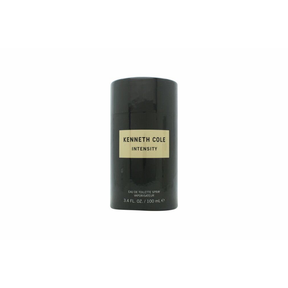 Schwarze zylindrische Flasche mit goldfarbenem Etikett. Aufschrift: Kenneth Cole Intensity. Eau de Toilette Spray.