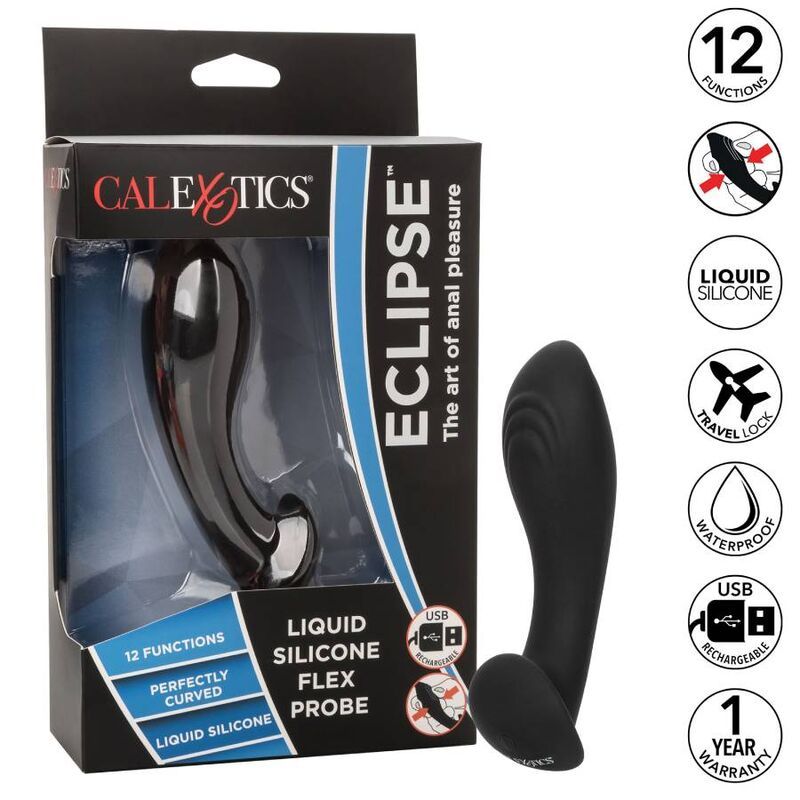 Verpackung mit Analspielzeug. Marke Calexotics, Produktname Eclipse. Text: Liquid Silicone Flex Probe, 12 Funktionen.