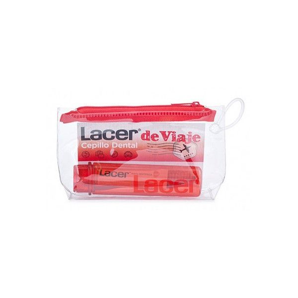 Reise-Zahnbürstenset in transparenter Tasche mit rotem Reißverschluss. Enthält Zahnbürste und weitere Produkte. Aufdruck: Lacer de Viaje.