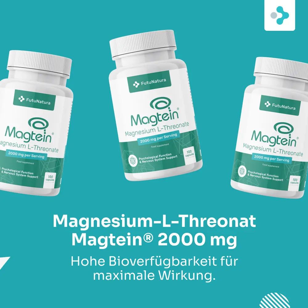 Drei Flaschen FutuNatura Magnesium L-Threonat Magtein® 2000 mg. Text: "Hohe Bioverfügbarkeit für maximale Wirkung."