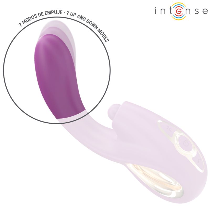 Lila Vibrator mit hervorgehobenen Merkmalen. 7 Auf- und Ab-Modi. Marke: Intense. G-Punkt-Vibrator.