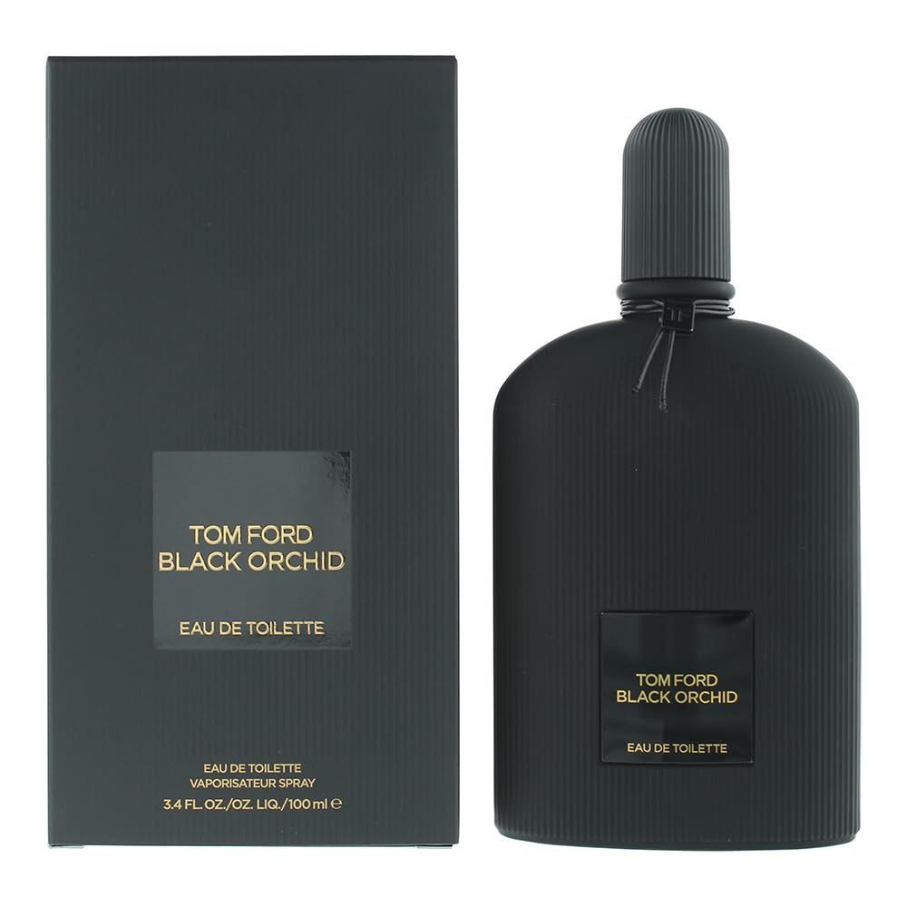Schwarze Flasche und Schachtel. Aufschrift: TOM FORD BLACK ORCHID EAU DE TOILETTE. Schwarzer Deckel. Auf der Schachtel steht: VAPORISATEUR SPRAY.