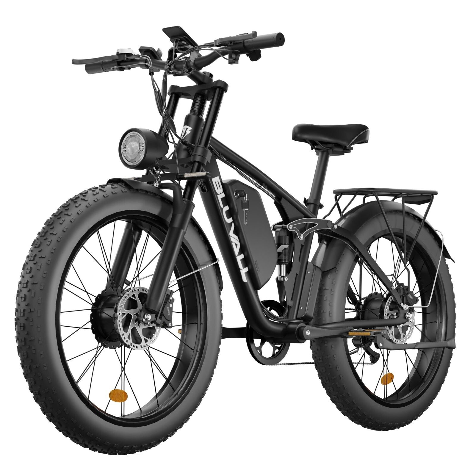 Schwarzes E-Bike mit breiten Reifen, Scheinwerfer, Gepäckträger und Aufschrift BLUVALL.