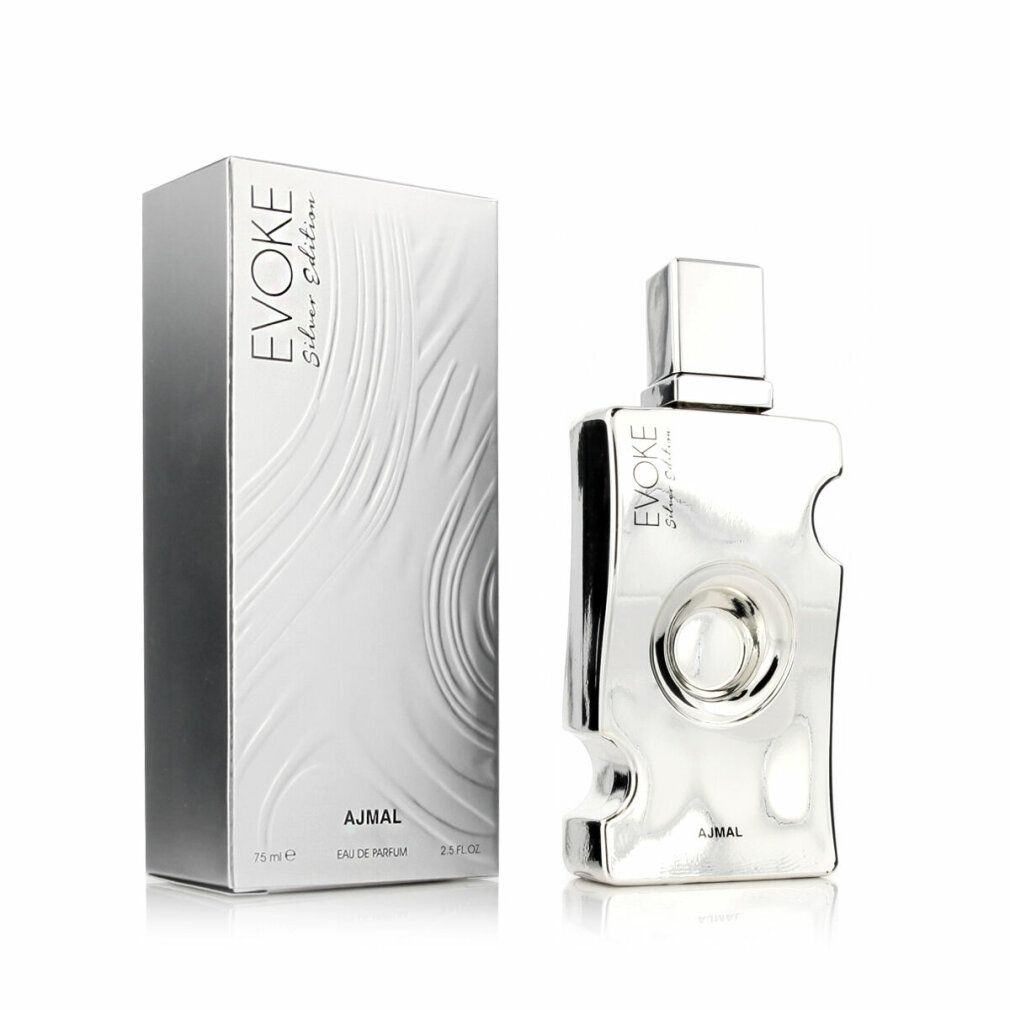 Silberfarbener Flakon und Verpackung. Aufschrift: EVOKE Silver Edition, AJMAL. Verpackung mit wellenförmigem Muster.