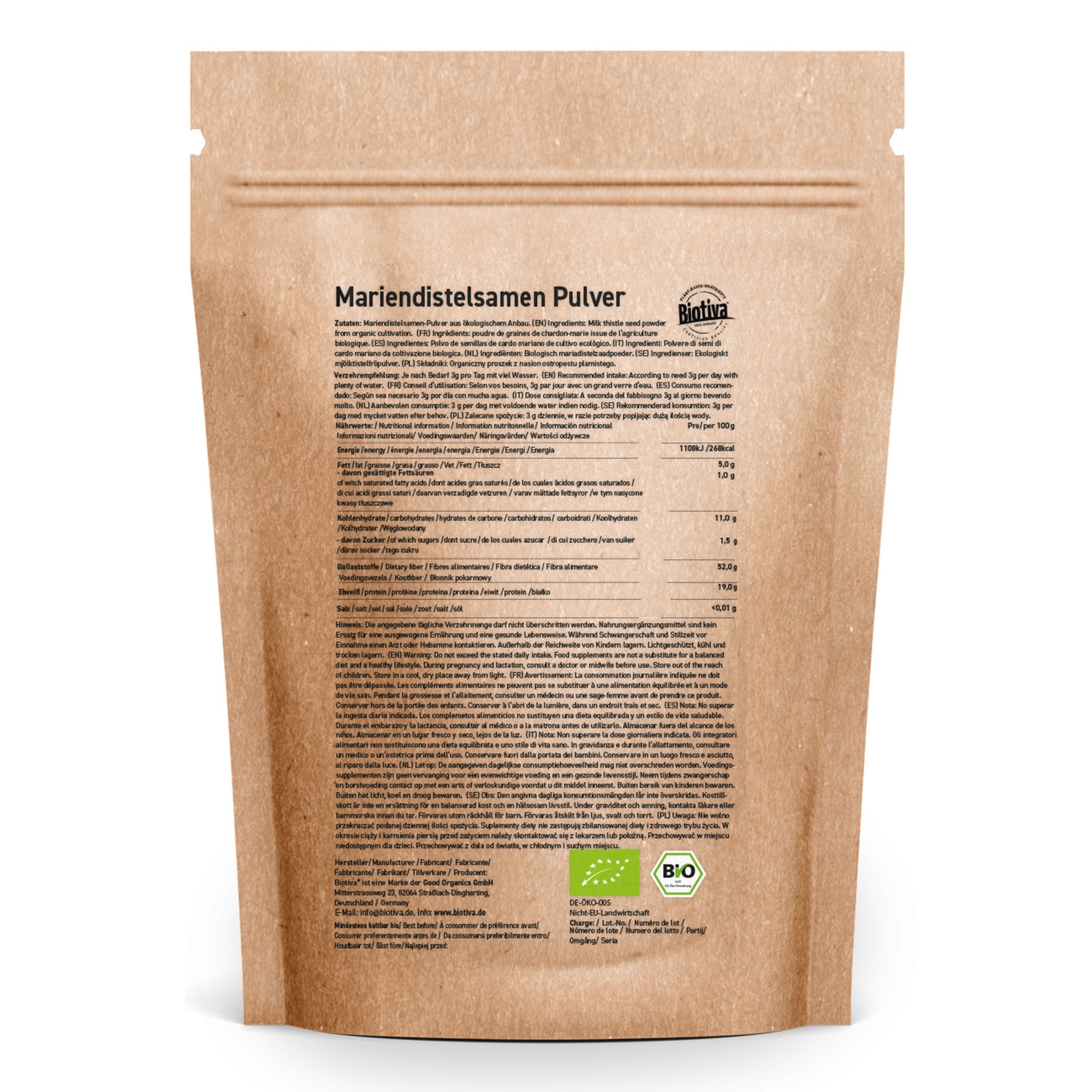 Braune Papierverpackung mit Produktinformationen und Bio-Siegel. Text: Mariendistelsamen Pulver. Marke: Biotiva.