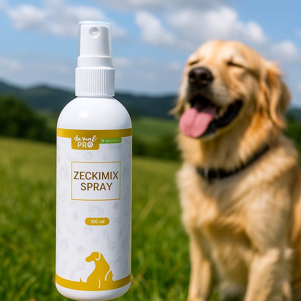 Weiße Sprühflasche mit goldfarbenen Akzenten. Aufschrift: Zeckimix Spray, Animal Pro. Hund im Hintergrund.