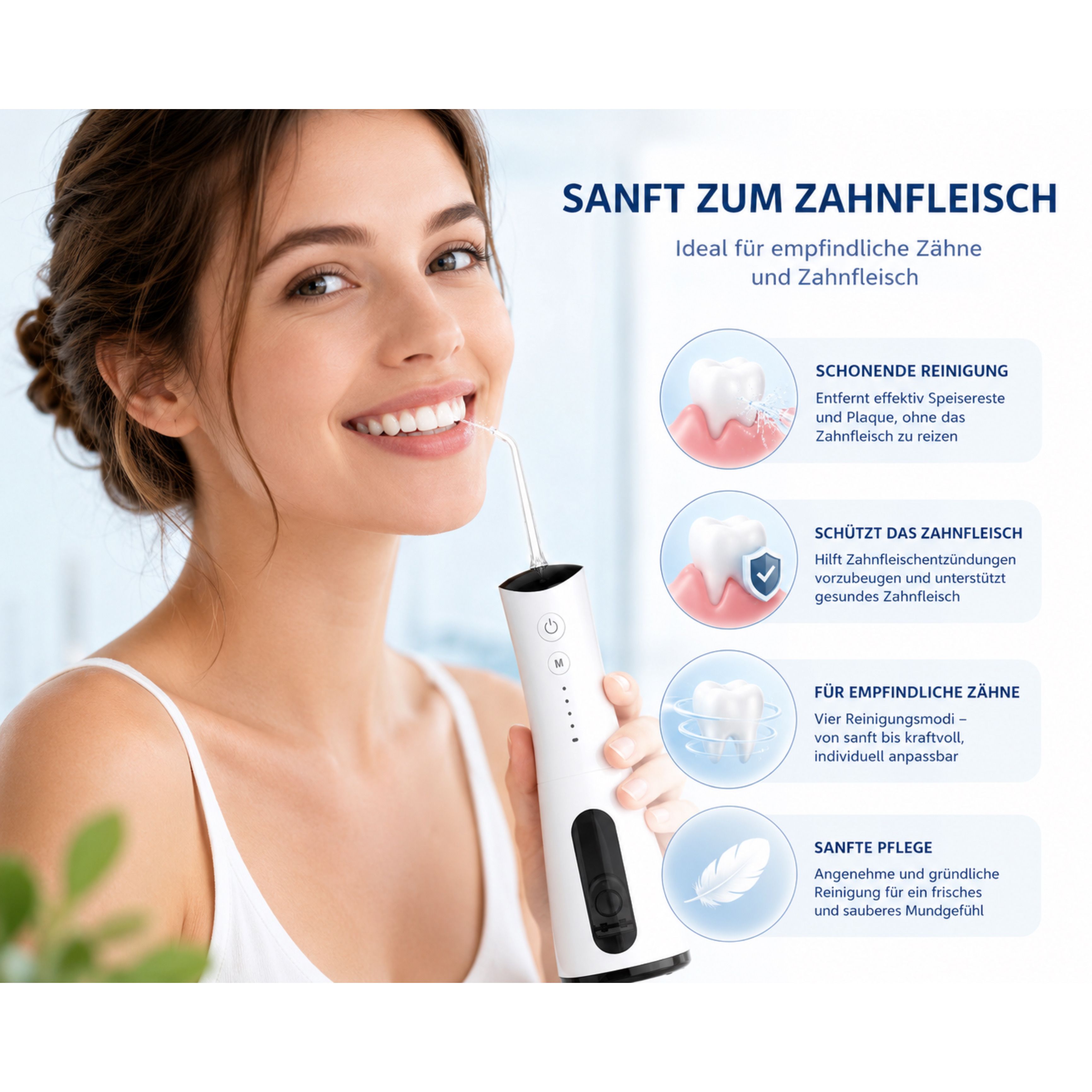 Frau benutzt AquaPulse Munddusche für sanfte Zahnfleischpflege. Zeigt schonende Reinigung, Schutz und individuelle Einstellung.