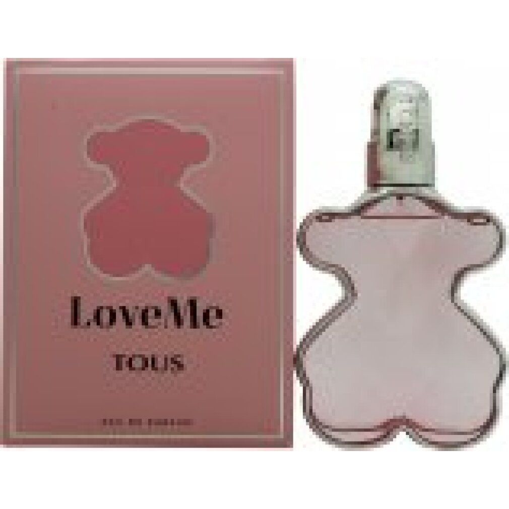 Rosa Flakon in Bärenform, daneben Schachtel mit Logo und Schriftzug LoveMe TOUS Eau de Parfum. Silberne Akzente.
