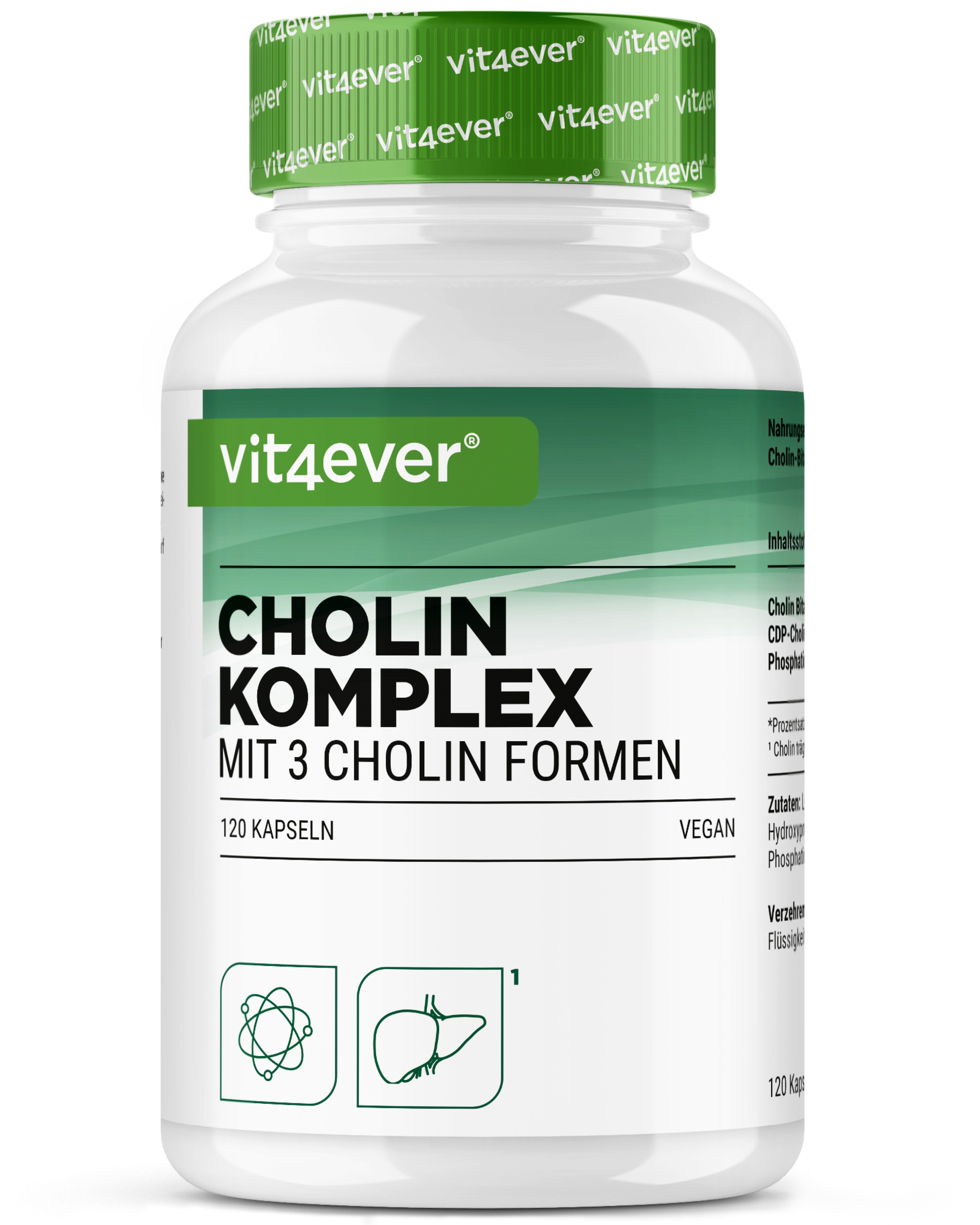 Weiße Flasche mit grünem Etikett. Aufschrift: Cholin Komplex mit 3 Cholin Formen. 120 Kapseln. Vegan.