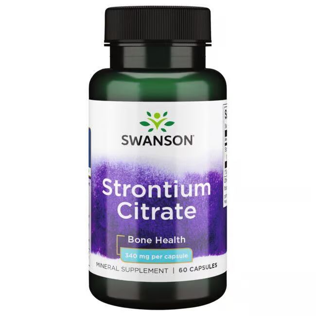 Grüne Flasche mit schwarzem Deckel. Aufschrift: SWANSON Strontium Citrate, 340 mg pro Kapsel, 60 Kapseln.