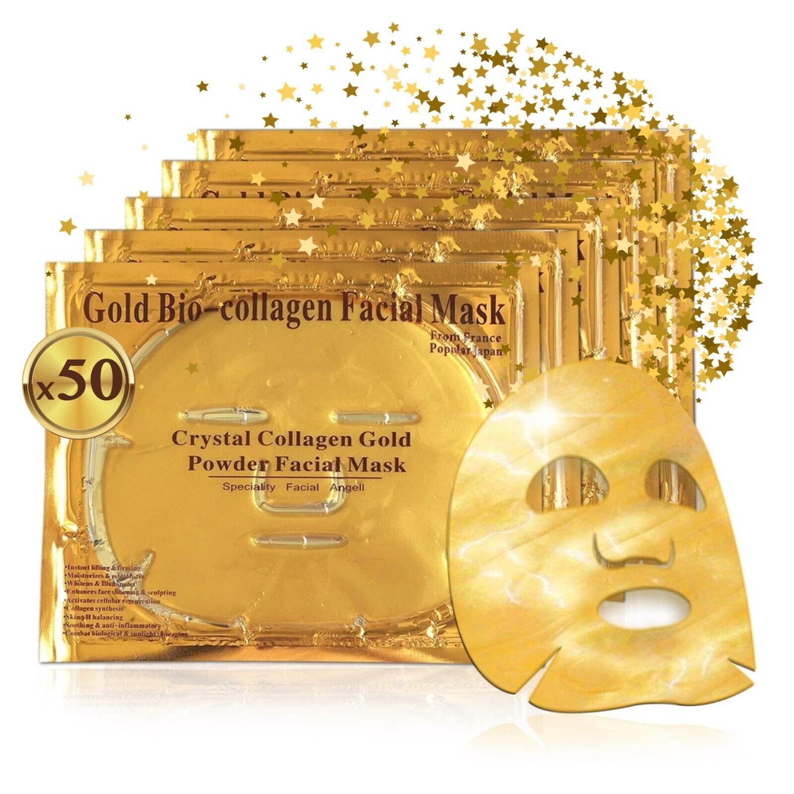 Mehrere goldfarbene Gesichtsmasken in Verpackungen. Text: Gold Bio-collagen Facial Mask, Crystal Collagen Gold Powder Facial Mask.
