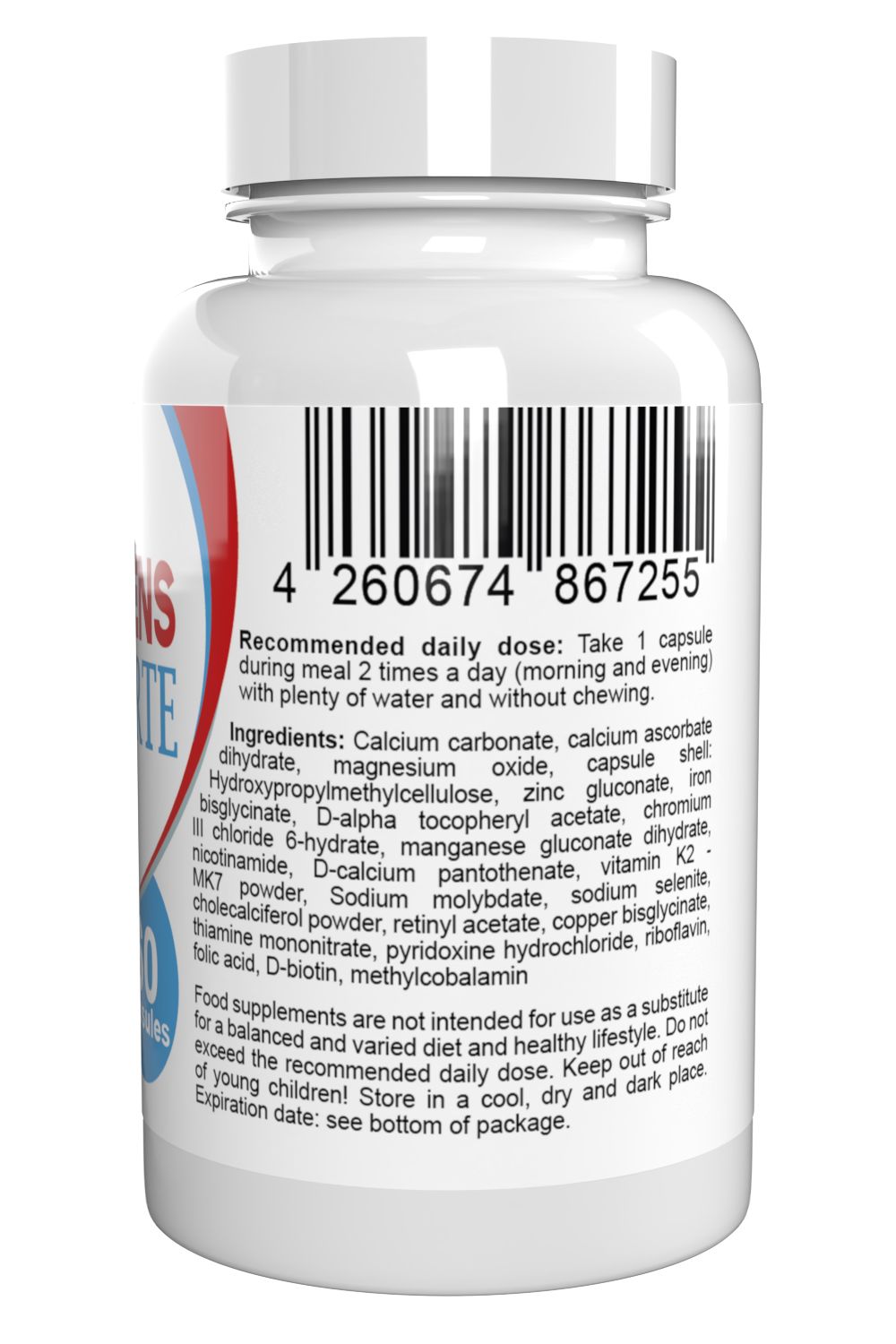 Weiße Kapsel-Dose mit Barcode und Text. Enthält Informationen zur empfohlenen Tagesdosis, Inhaltsstoffe und Haltbarkeit.