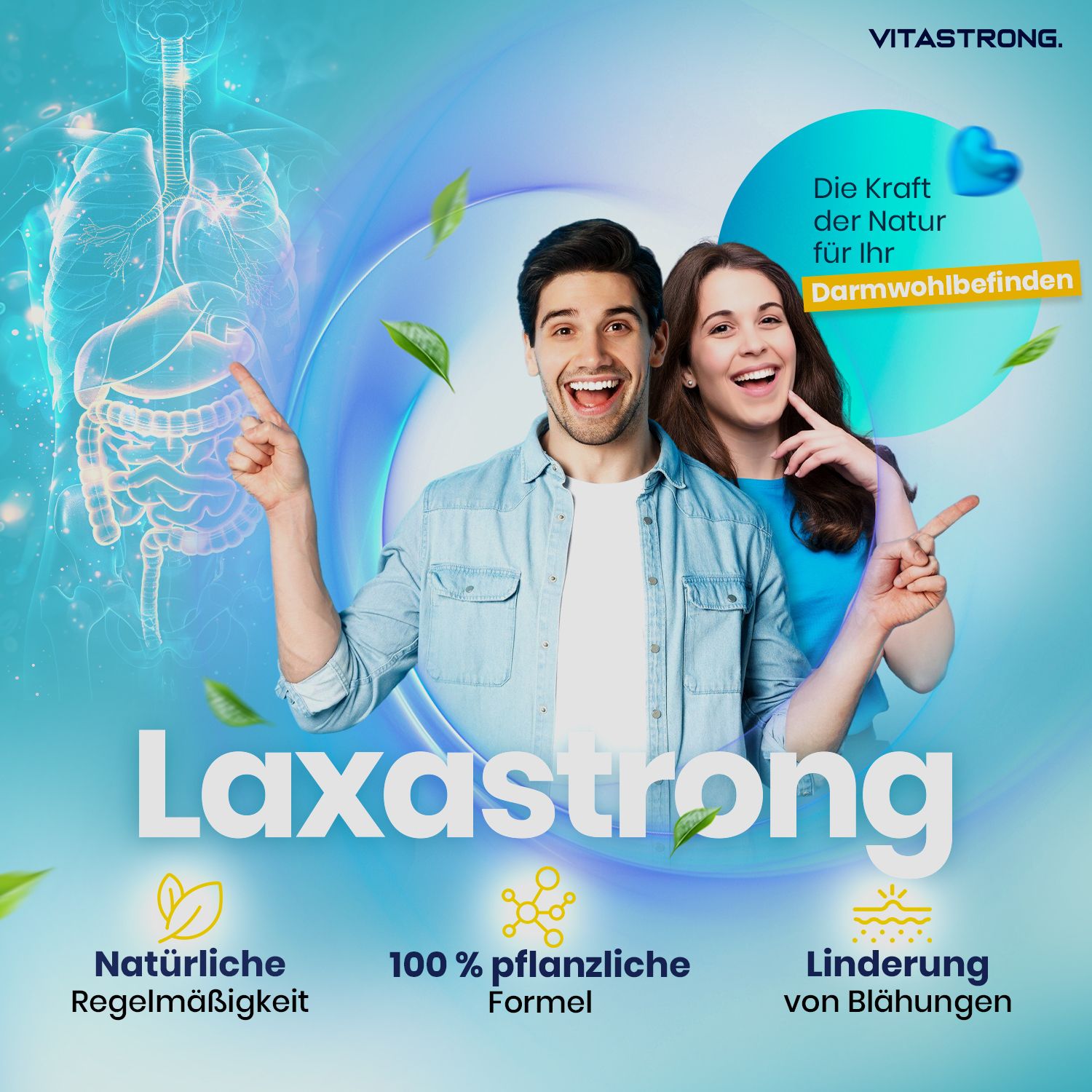 Vitastrong Laxastrong. Mann und Frau zeigen auf den Darm. Text: Darmregelmäßigkeit, 100% pflanzlich, Linderung von Blähungen.