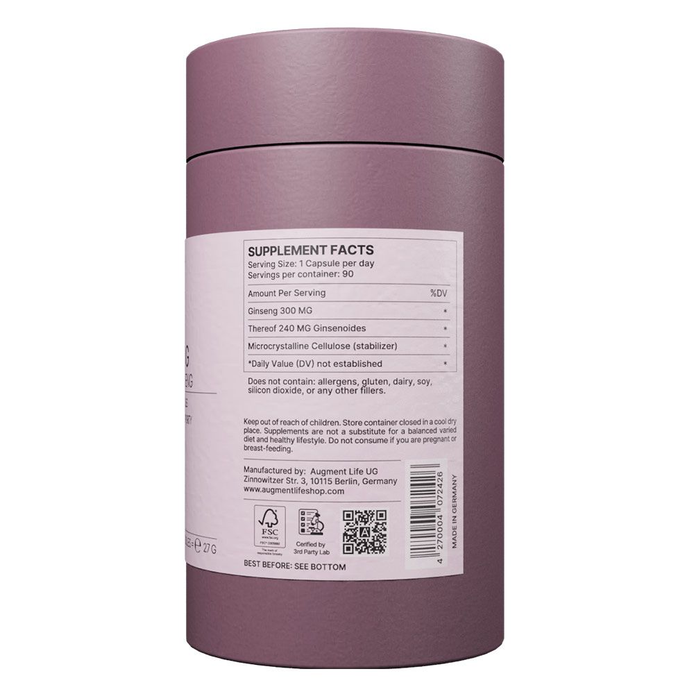 Nährwertangaben auf runder Dose: Ginseng 300 mg, davon 240 mg Ginsenoside. Enthält 90 Kapseln.