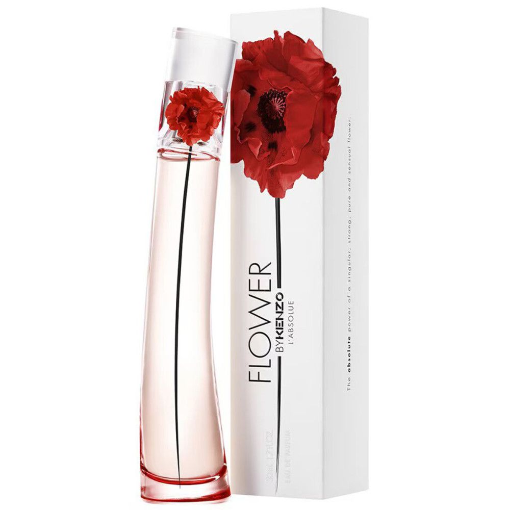 KENZO FLOWER L ABSOLUE EDP 100 ML Parfümflakon und Verpackung mit roter Mohnblume.