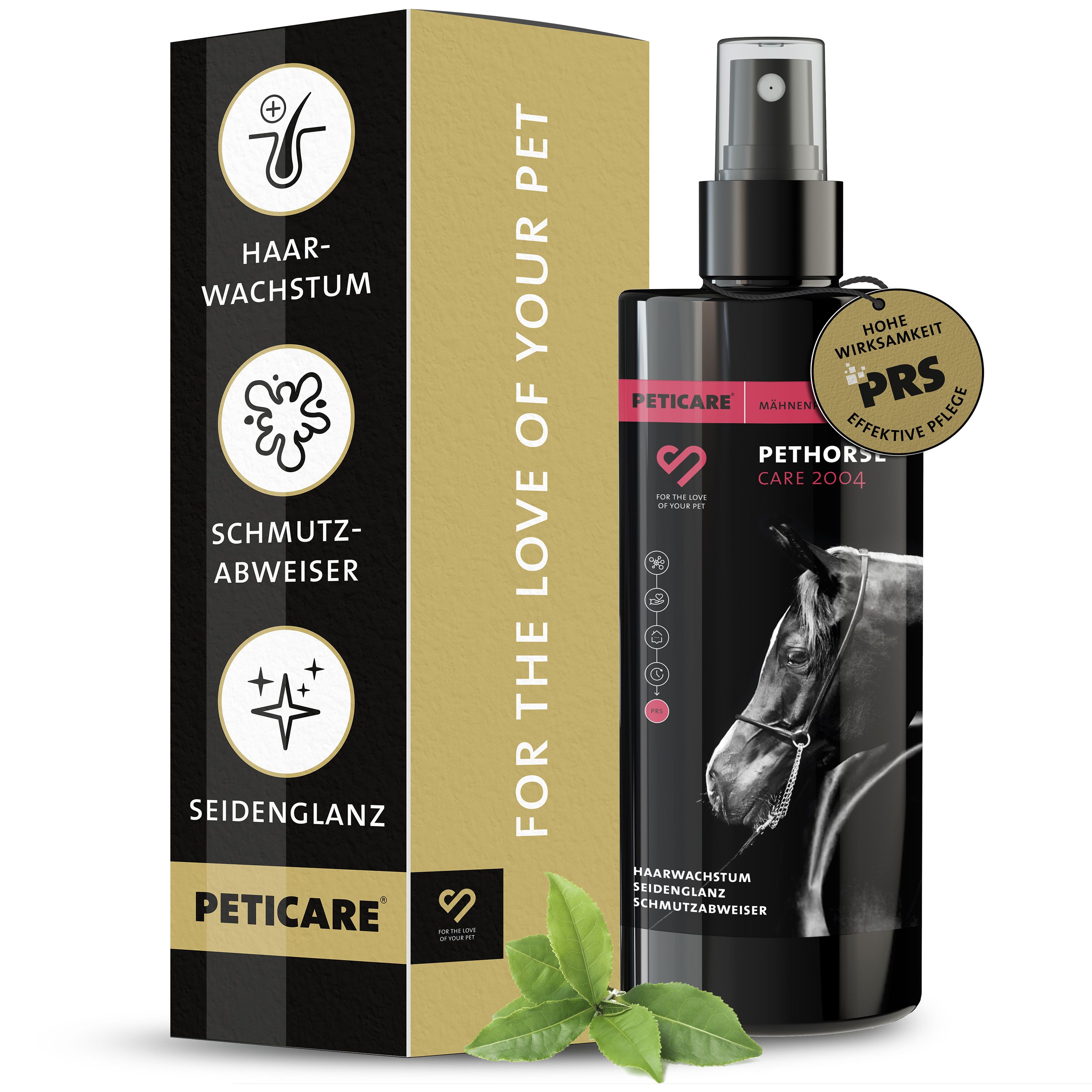 Schwarze Flasche und Verpackung. Produktname: Peticare. Text: Haarwachstum, Schmutzabweiser, Seidenglanz.