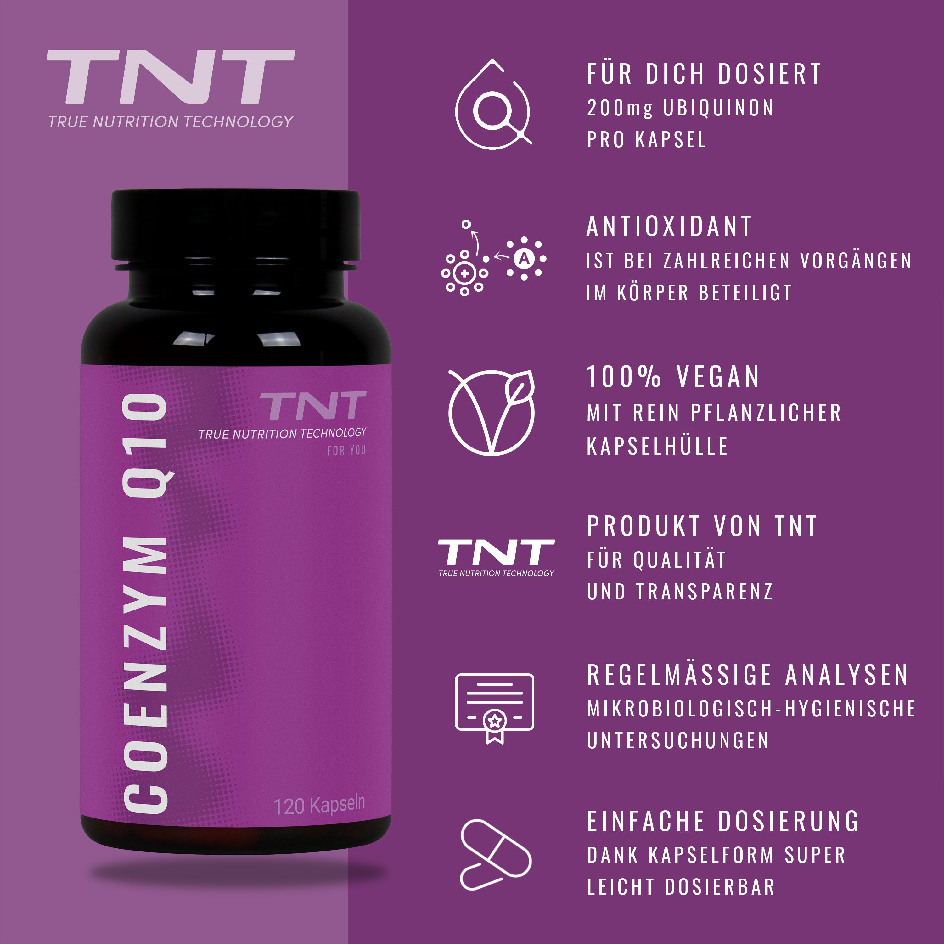 Produktflasche mit lila Hintergrund. Text: COENZYM Q10, TNT. Icons mit Informationen: vegan, Dosierung, Antioxidantien.