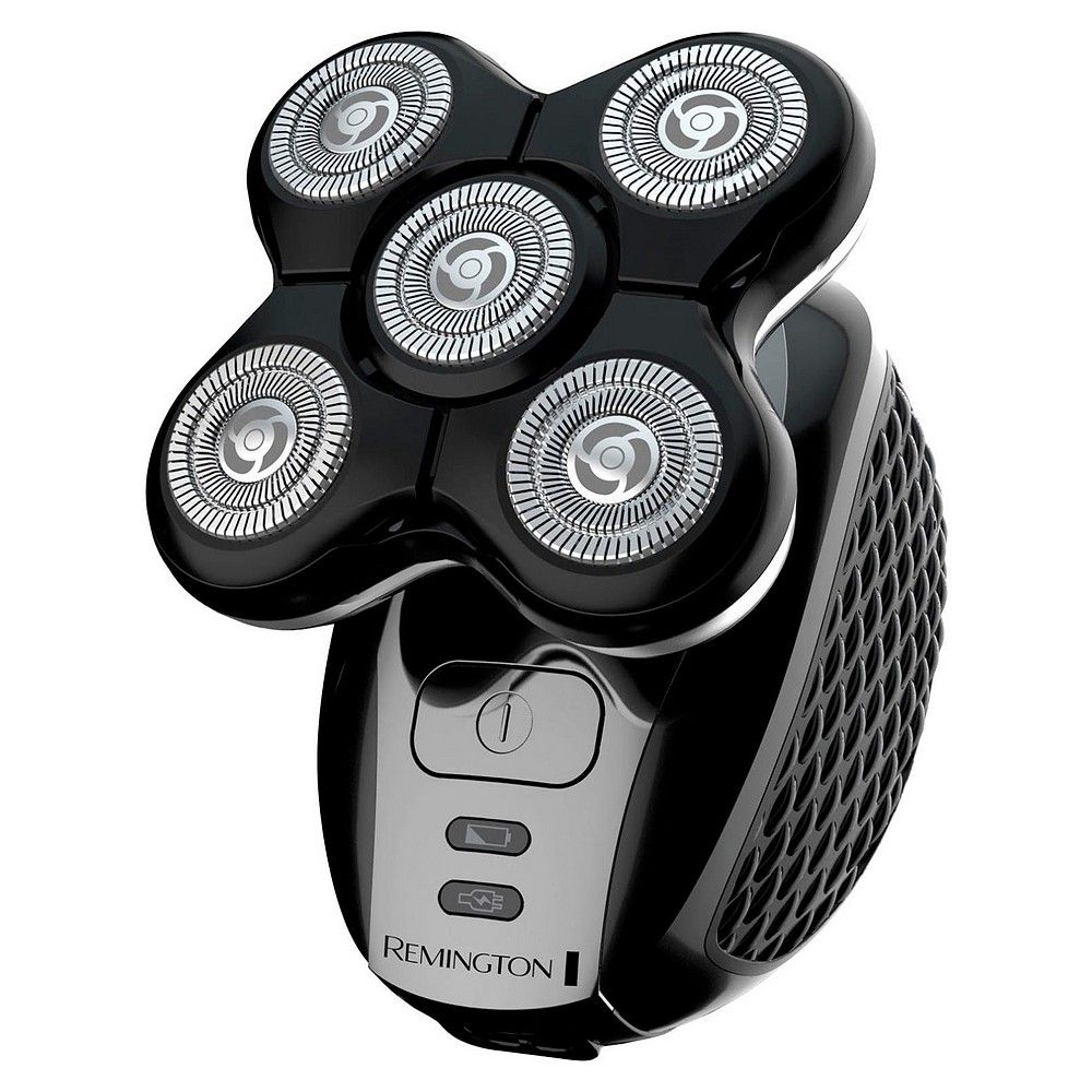 Schwarzer Remington XR 1500 Rasierer mit fünf rotierenden Scherköpfen, silbernen Akzenten und seitlichem Gittermuster.