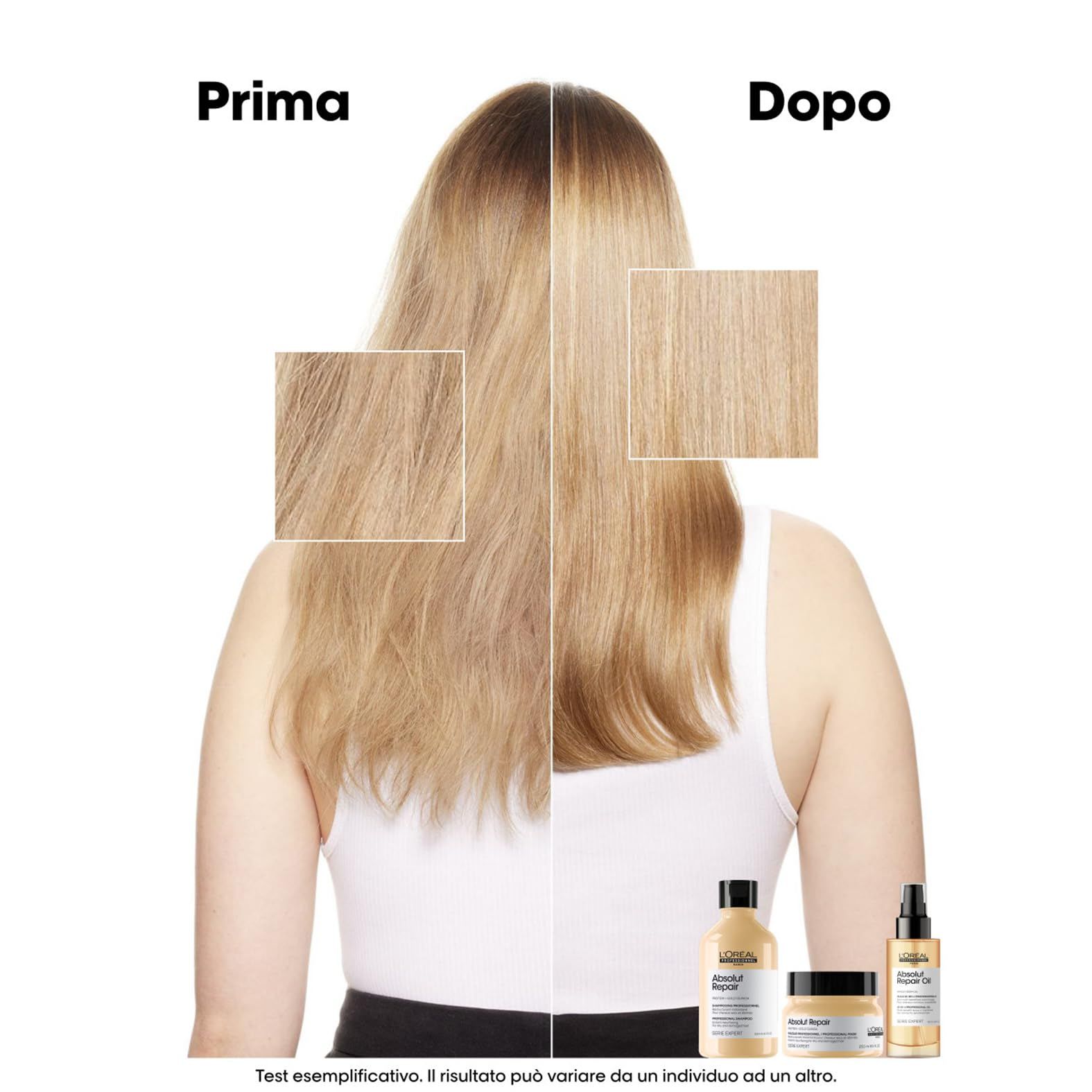 Vorher-Nachher-Vergleich von blondem Haar. L'Oréal Professionnel Absolut Repair Produkte unten.