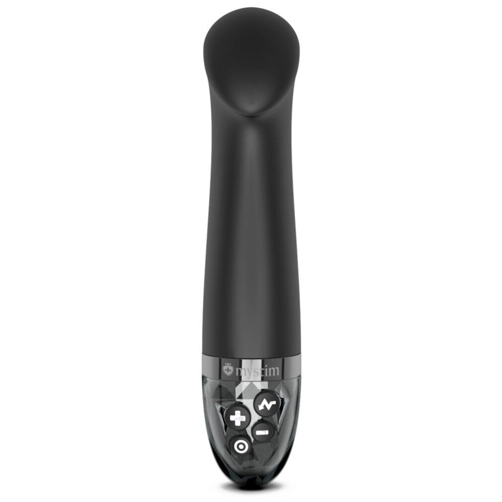 Schwarzer eStim Vibrator. Bedienknöpfe, transparentes Ende. Silberfarbener Ring. Marke Mystim.