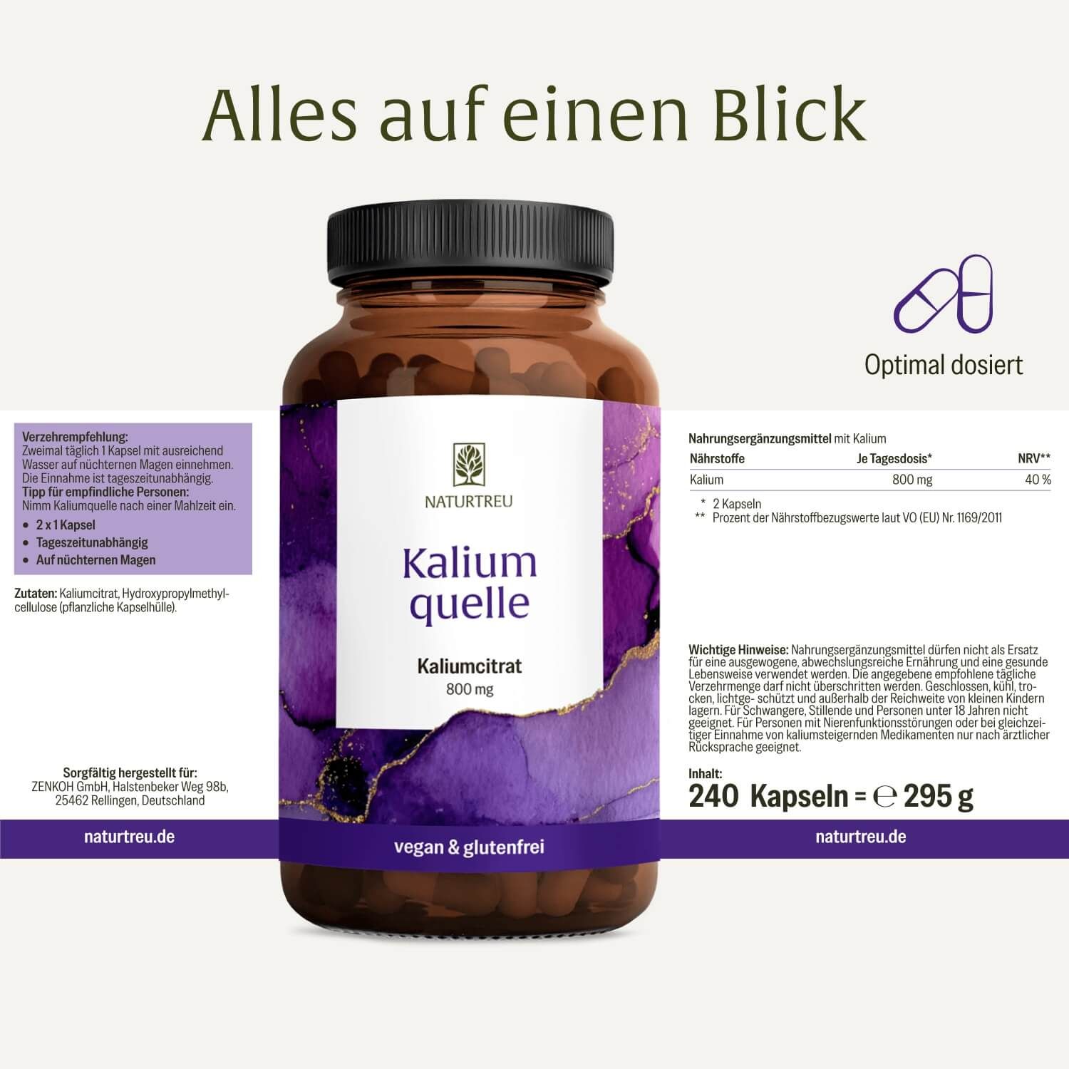 NATURTREU Kaliumquelle Kapseldose mit Nährwertangaben und Dosierungsempfehlung.