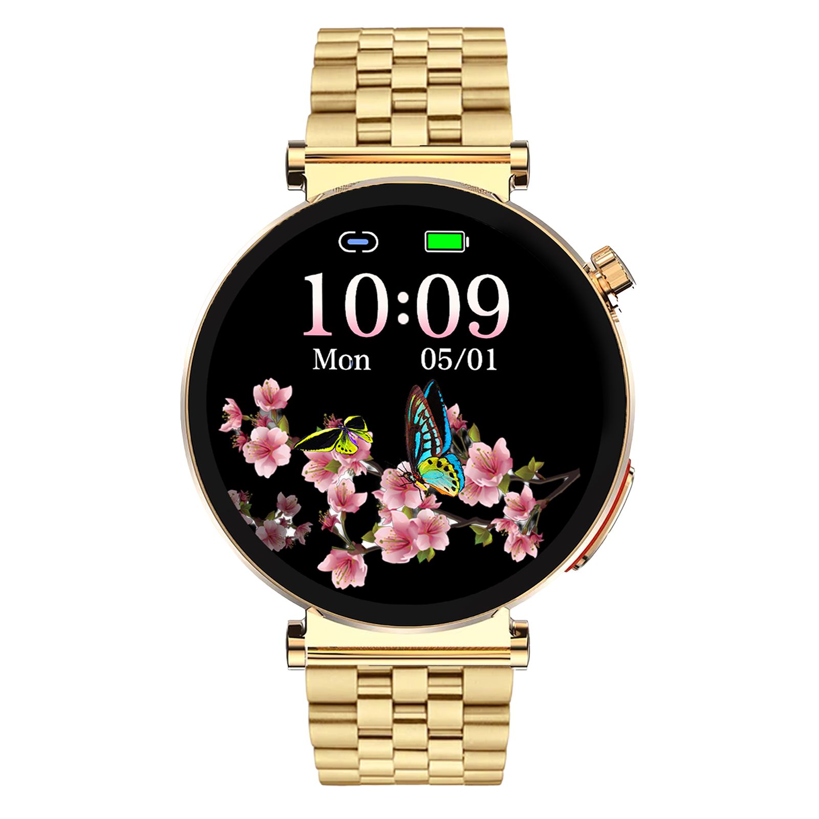 Goldfarbene Smartwatch mit Metallarmband. Rundes Zifferblatt mit floralem Hintergrund und Uhrzeit.